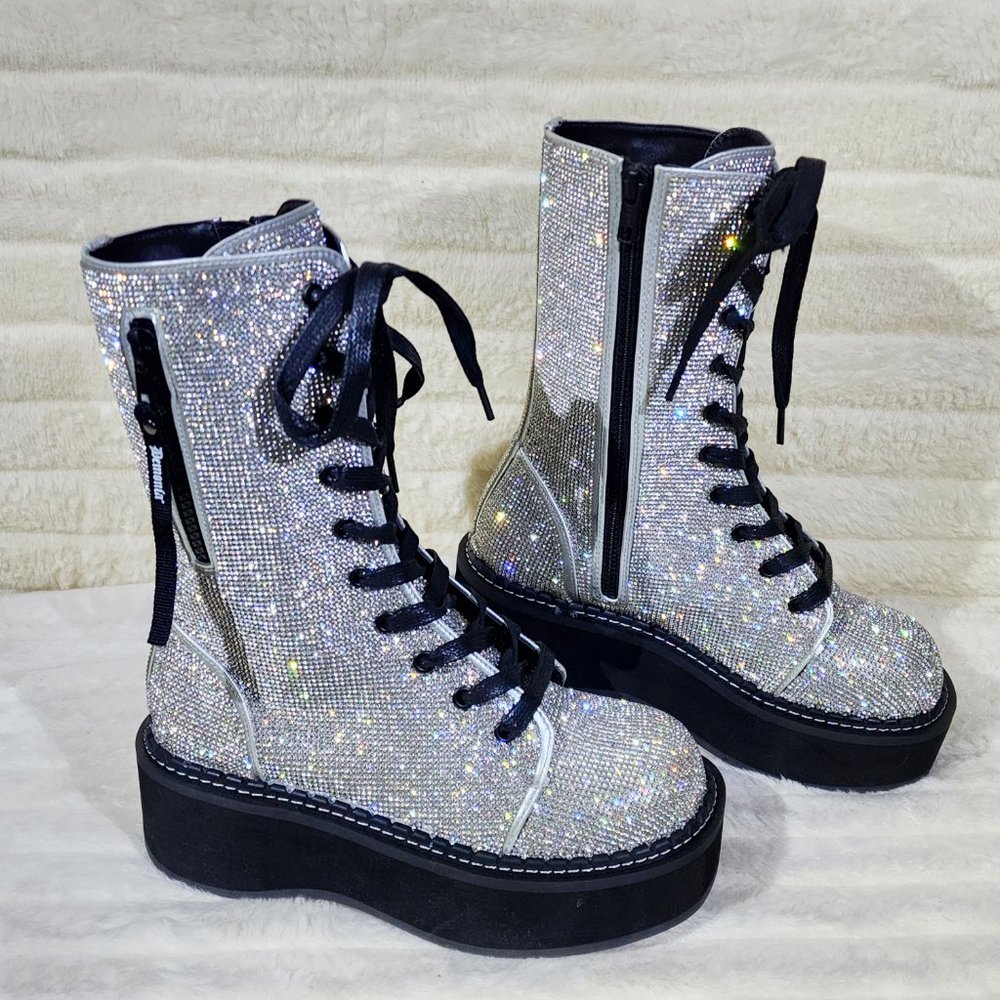 Super Sparkle Iridescent Rhinestone Platform Combat Mid Calf Boots 362 Emily - Picture 7 of 17